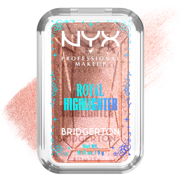 NYX Professional Makeup Bridgerton Royal Highlighter compact: ornate gold square with branding, open to reveal golden highlighter. Subtle swatch in shade 01 Iridescent Peach
