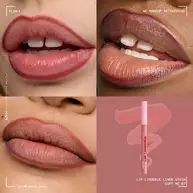 Quadrant showing Lip Lingerie Lip Liner Stain on three models of fair, deep, medium skin tones and the product solider with swatch behind the hex code color in shade 07 Cuff Me