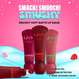Pink background with NYX Professional Makeup Holiday Smushy Kit packshots and callouts: “Lip balm feel. Sheer. Buildable color.”