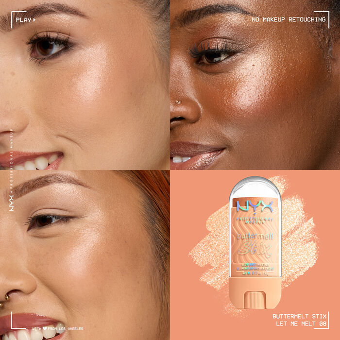 Quadrant showing Jelly Job lip macros on three models of fair, deep, medium skin tones and the product solider with swatch behind the hex code color in shade 08 Let Me Melt