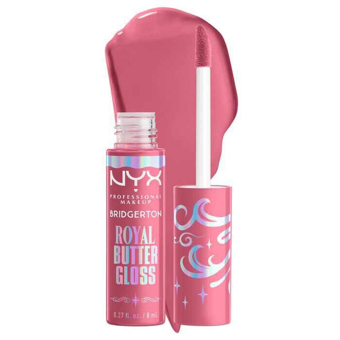 Displays a tube of NYX Professional Makeup Bridgerton Royal Butter Gloss in a neutral brown shade, featuring the NYX and Bridgerton logos. Next to it, a large, glossy swatch of the lip gloss is shown in shade 01 Angel Food Cake