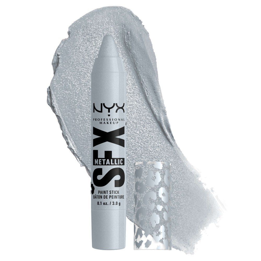NYX Professional Makeup Party Animals SFX Face & Body Paint Stick in Silver Scream, a metallic silver paint stick shown with a silver paint swatch.
